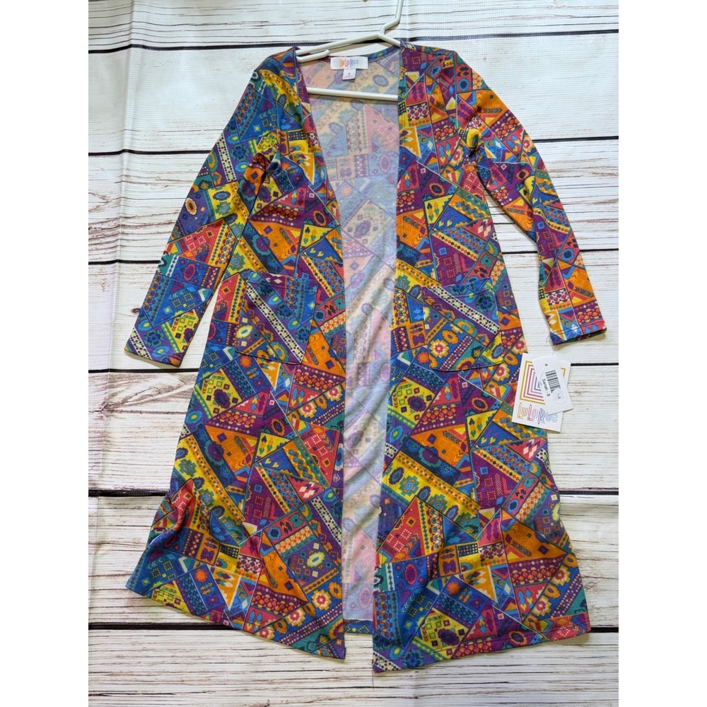 LuLaRoe Sariah Kids Cardigan Size 8 Long Duster Open Front Geometric‎ Mosaic NWT